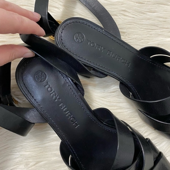 Tory Burch Black Leather Criss Cross Strap Heeled Sandals - Picture 4 of 9